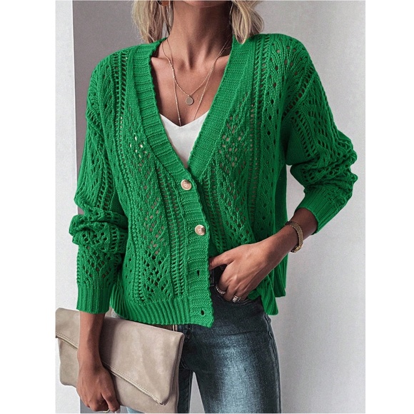 V-Cut Buttoned Green Light Cardigan Textured, Long Sleeve - Picture 4 of 8